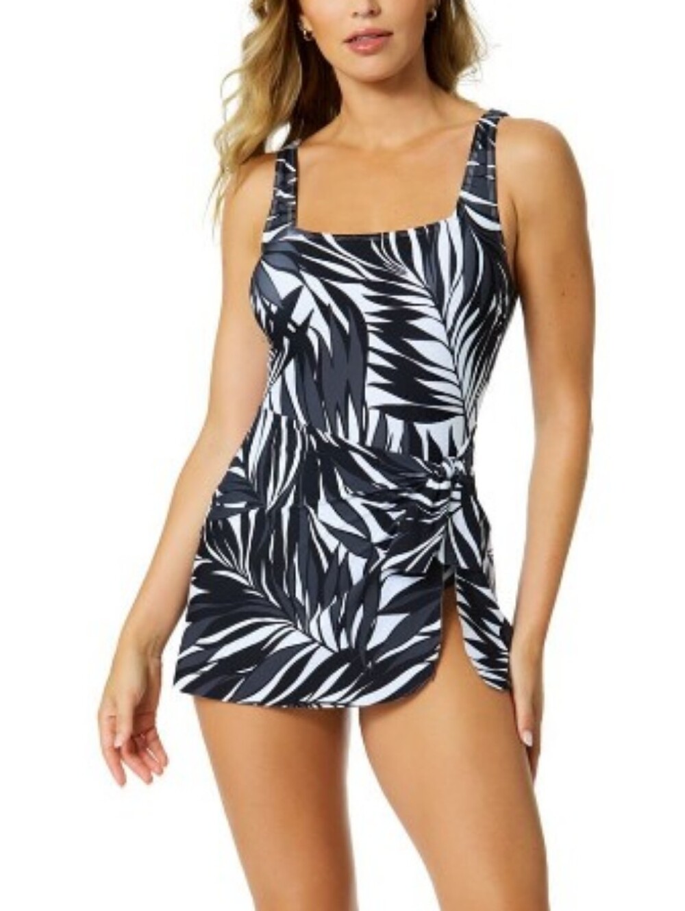 Anne Cole Black White Palm Square Neck Swimdress Built In Sarrong XL